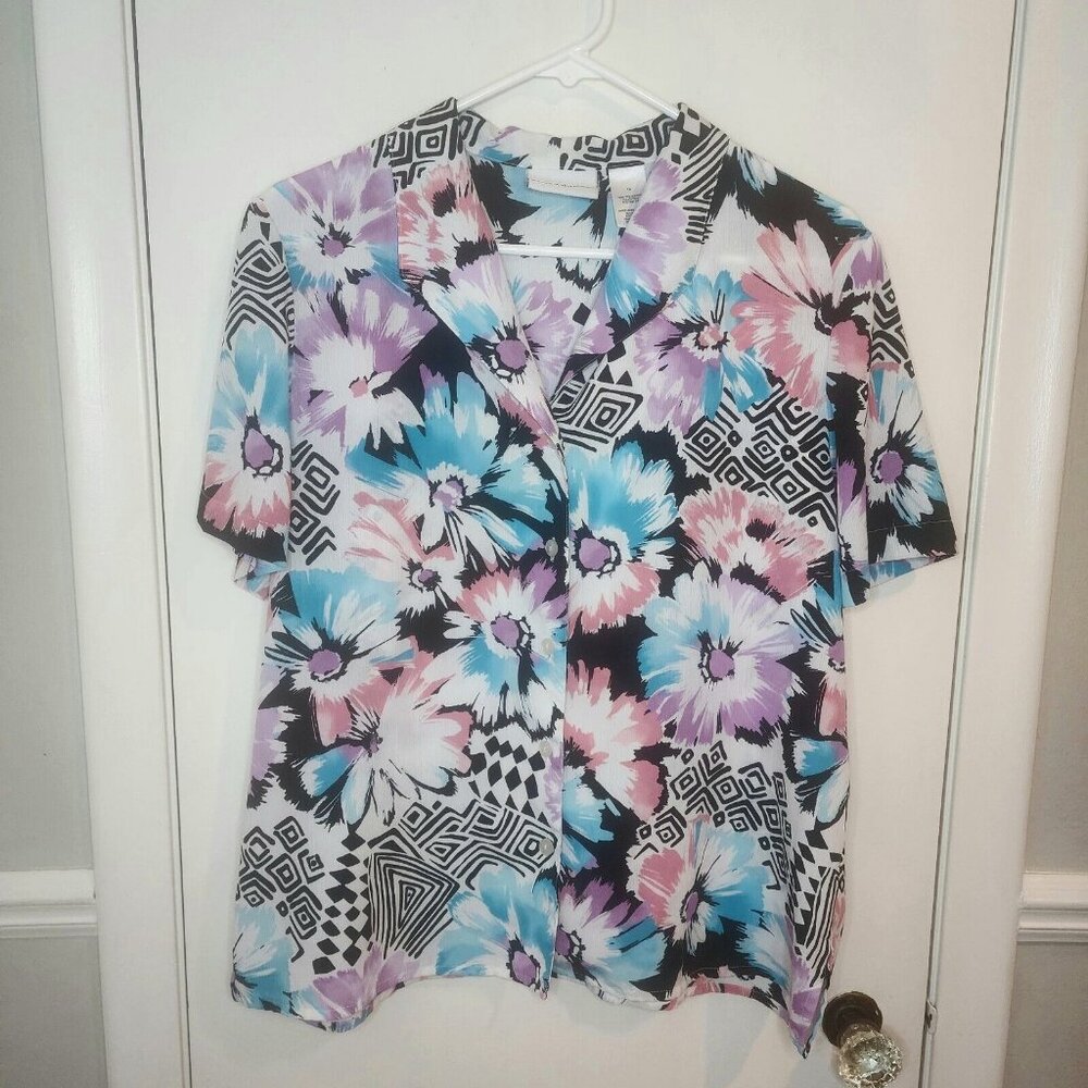 Alfred Dunner Sz 14 Button Down Blouse Blue Purple Pink Floral Flowers Shirt Top
